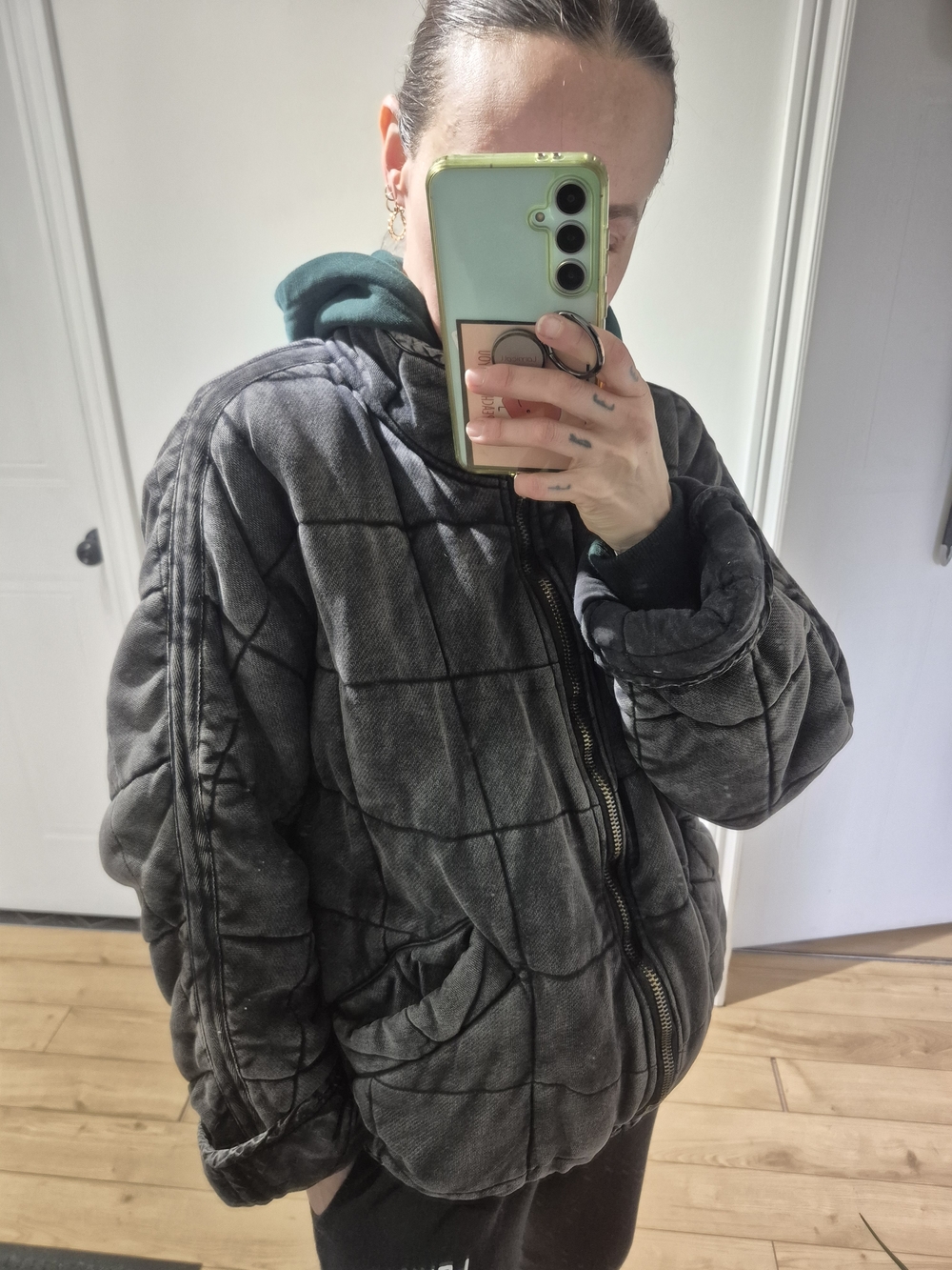 Quilted Black Bomber Jacket with Dark Green Hood - Picture 3 of 4